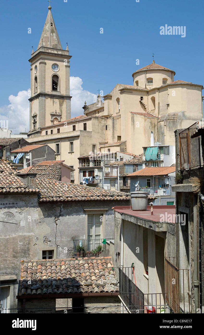 Italy, Sicily, Novara di Sicilia, view of the town's houses and belltower Stock Photo