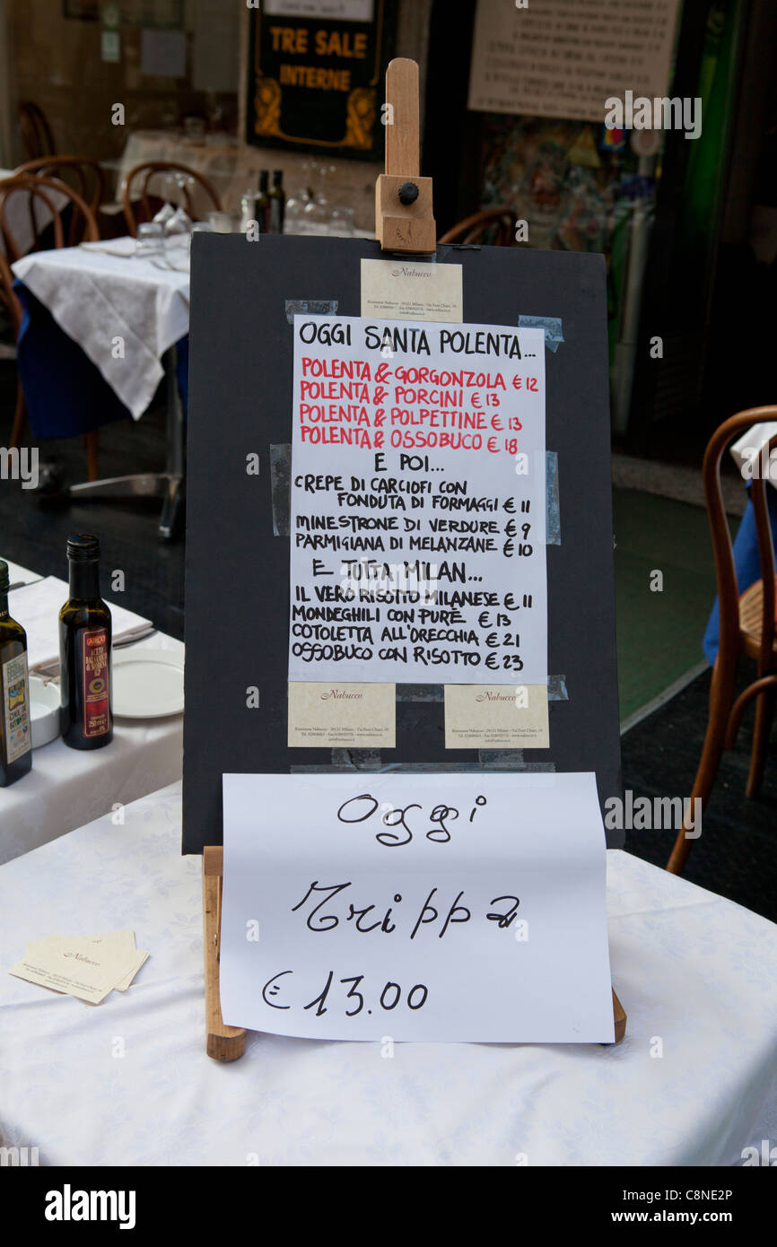 Traditional food menu in a typical restaurant in the Brera district of Milan. Stock Photo