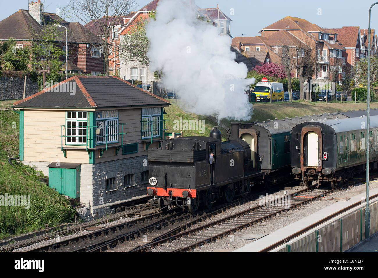 Great Britain, England, Dorset, Swanage, Railway station and steam train of Swanage railway Stock Photo