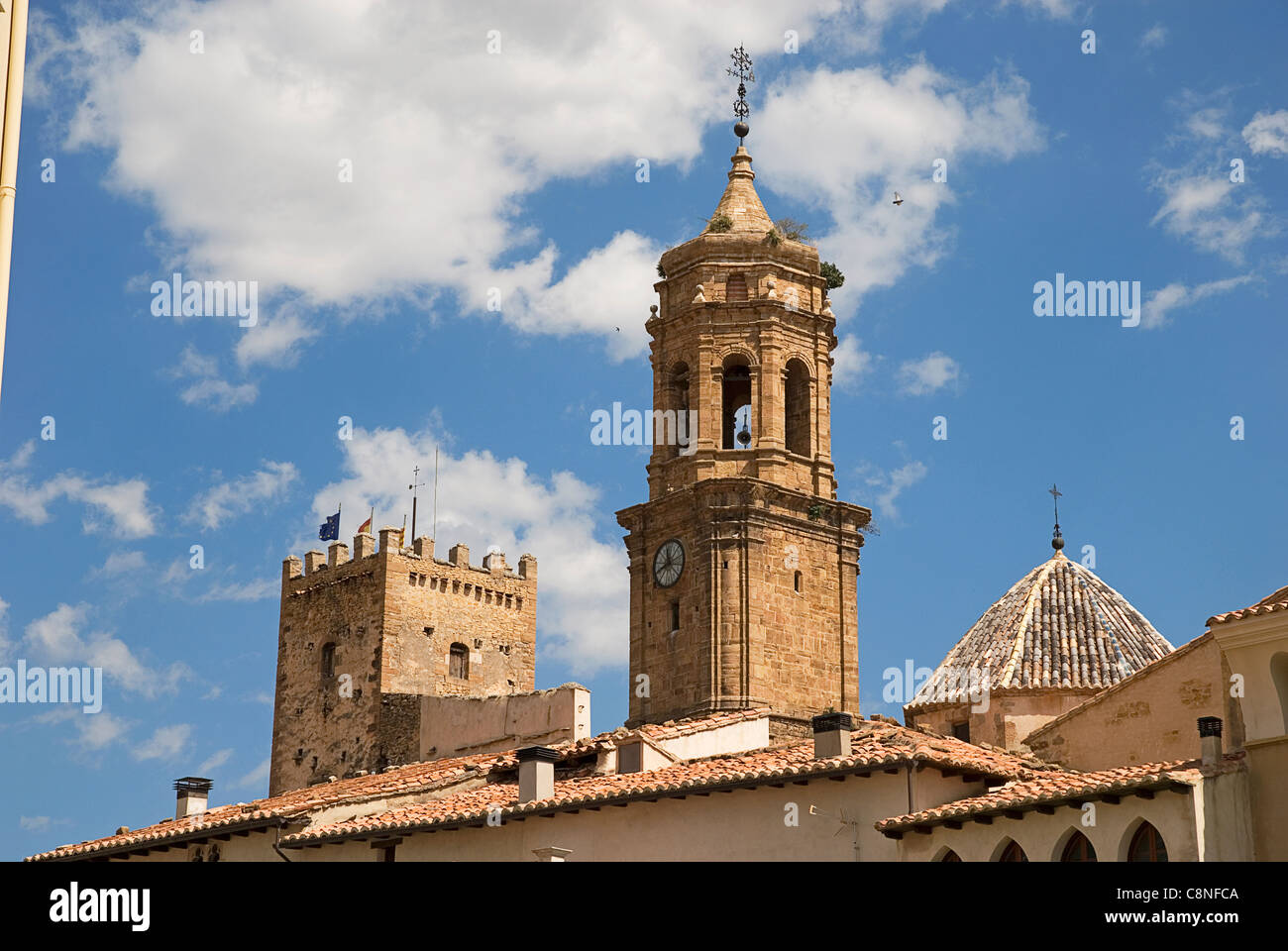 Spain, Maestrazgo, La Iglesuela del Cid, Bell tower of church Stock Photo
