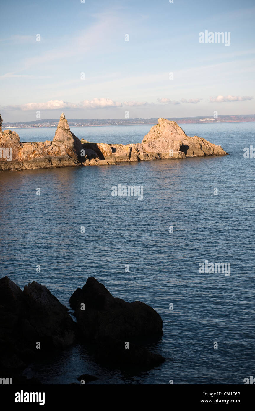 The seemingly sculpted point of the headland is known as Long Quarry Point,Ansteys cove,Torquay,Ansteys Cove, bay, beach, Stock Photo