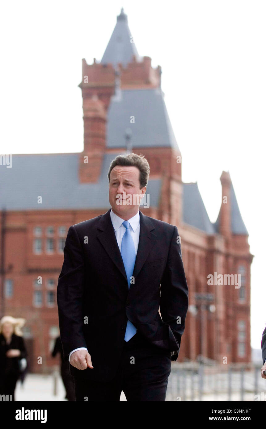 David Cameron the Conservative leader conducts a walking past the old Pierhead building in Cardiff Bay. Stock Photo