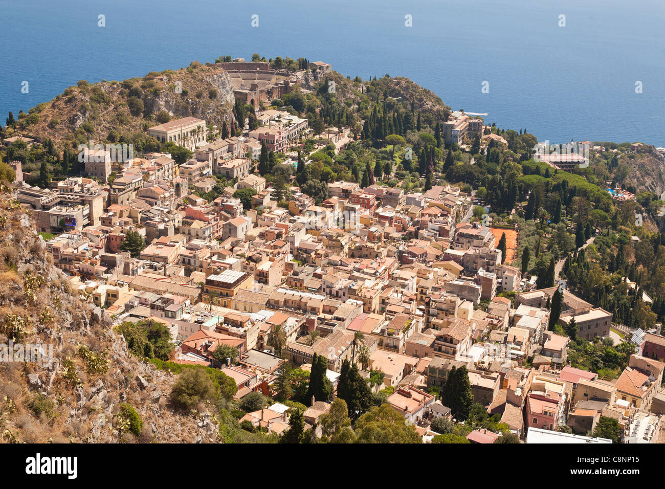 View of the town of Taormina, and Greek Theatre, Sicily, Italy Stock Photo