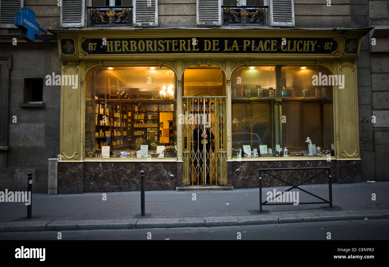 Herbalism of Place Clichy 'rue d'Amsterdam'in Paris Natural Medicine in jeopardy. Medicinal plant dye mother herb tea and p Stock Photo