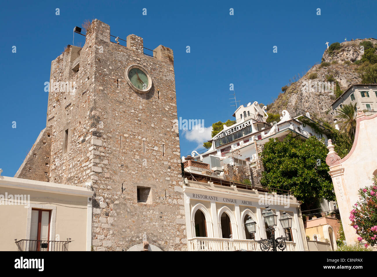 Torre dell’ Orologio, La Porta Di Mezzo, and Ristorante Cinque Archi, Piazza IX Aprile, Taormina, Sicily, Italy Stock Photo