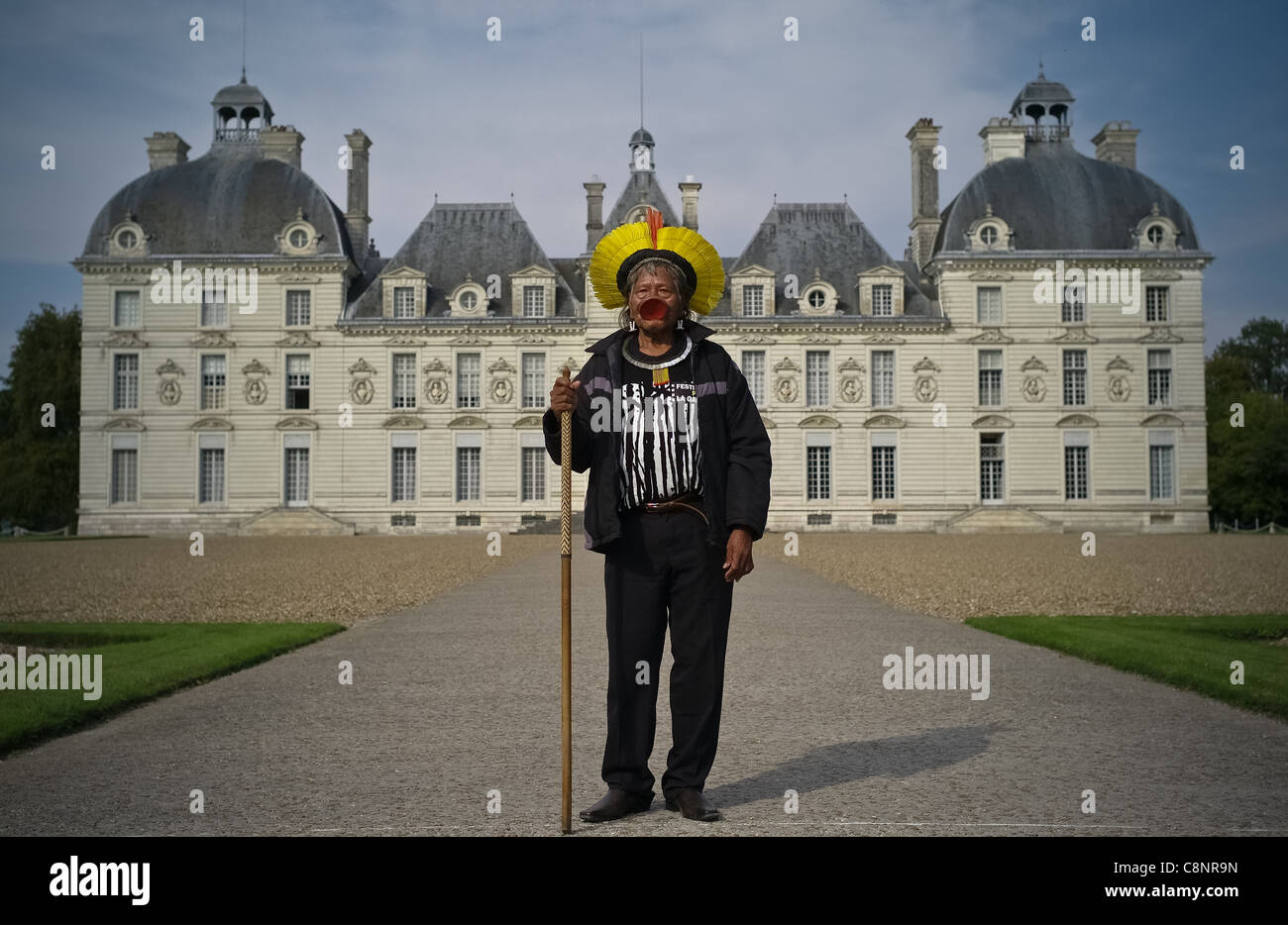 Raoni 'Moulinsart' the Kayapo Indian Chef at the Castle de Cheverny Raoni front of the Castle de Cheverny Stock Photo