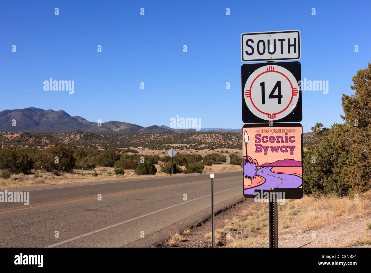 New Mexico highway 14 scenic byway between Santa Fe and Albuquerque. Stock Photo