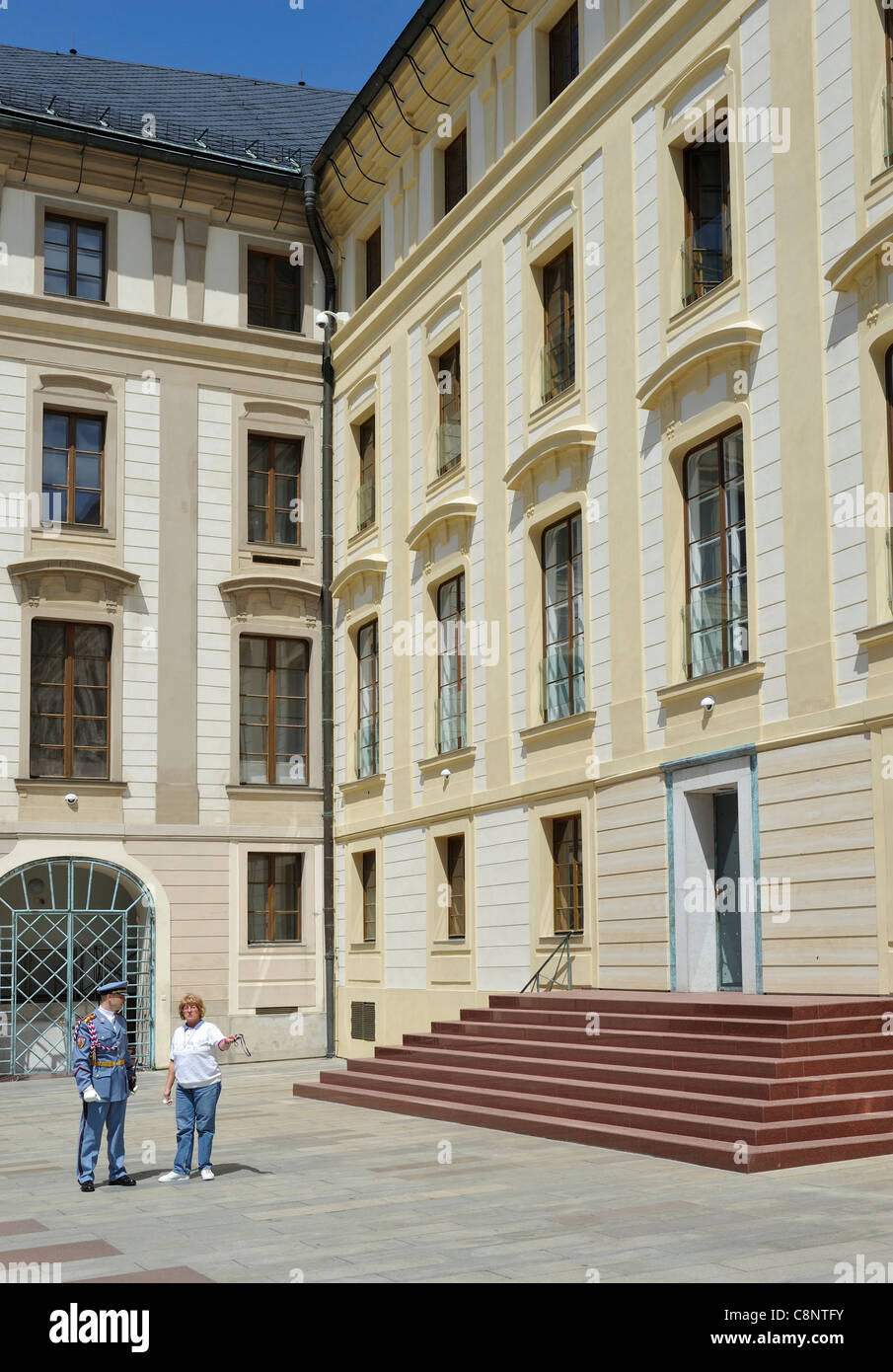 A Presidential Guard and a tourist Second Courtyard Prague Castle Czech