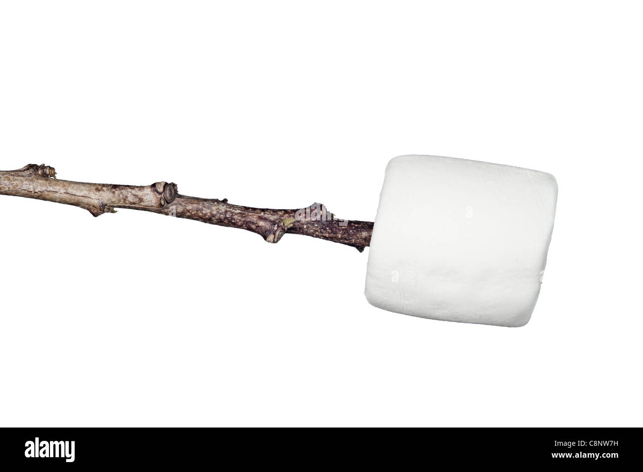 A sweet, soft, chewy raw marshmallow on a stick isolated on white. Stock Photo