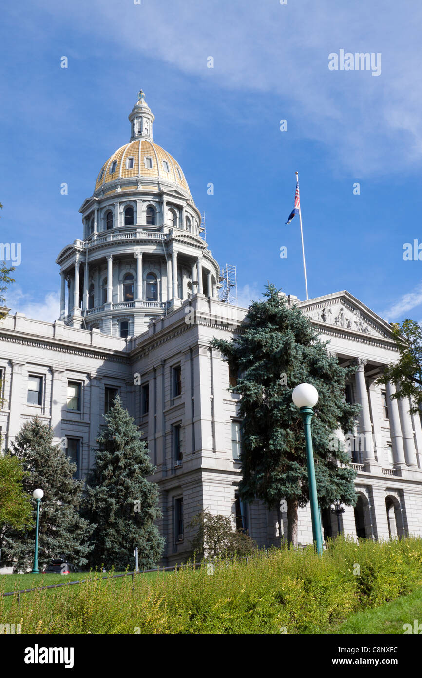 Gold dome and front entrance to Colorado state capitol building or statehouse in Denver Stock Photo