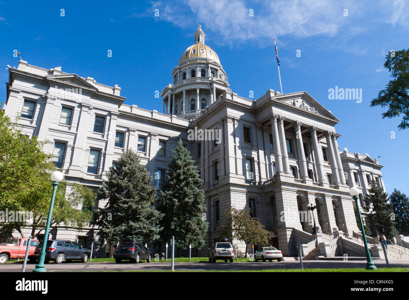 Front of the Colorado state capitol building with gold dome in Denver. Stock Photo