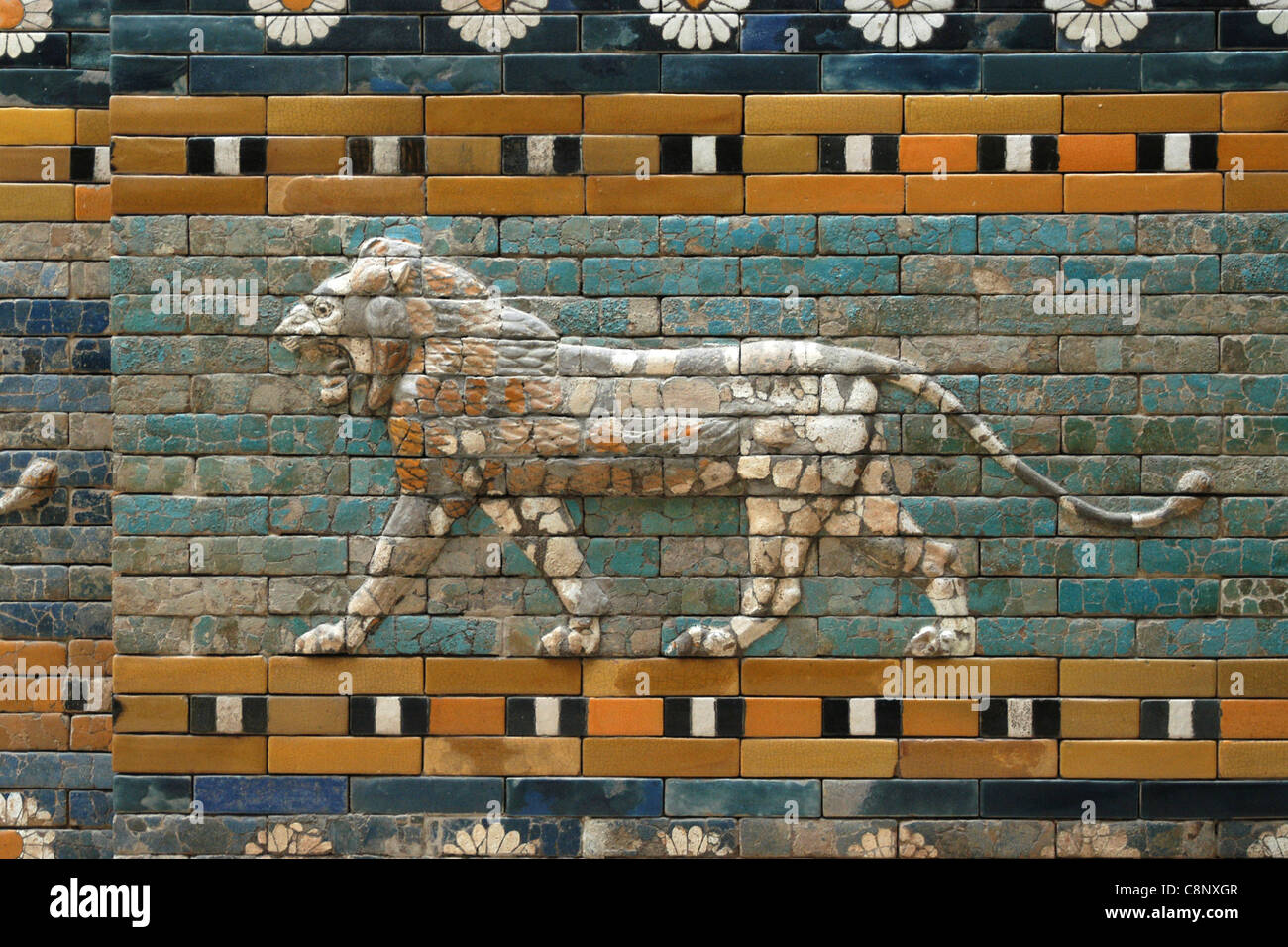 Lion. Glazed tiles from the Processional Way from Babylon in the Pergamon Museum in Berlin, Germany. Stock Photo