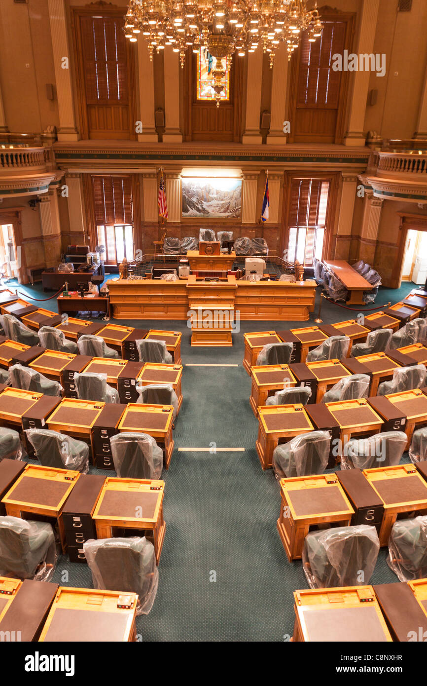 Center aisle in House of Representatives chamber in Colorado state capitol building in Denver Stock Photo