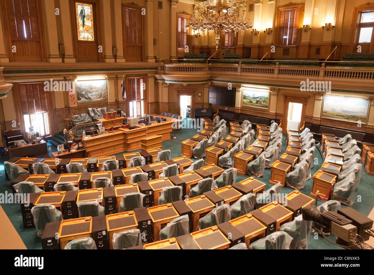 Chamber of House of Representatives with balcony in Colorado state capitol building in Denver Stock Photo