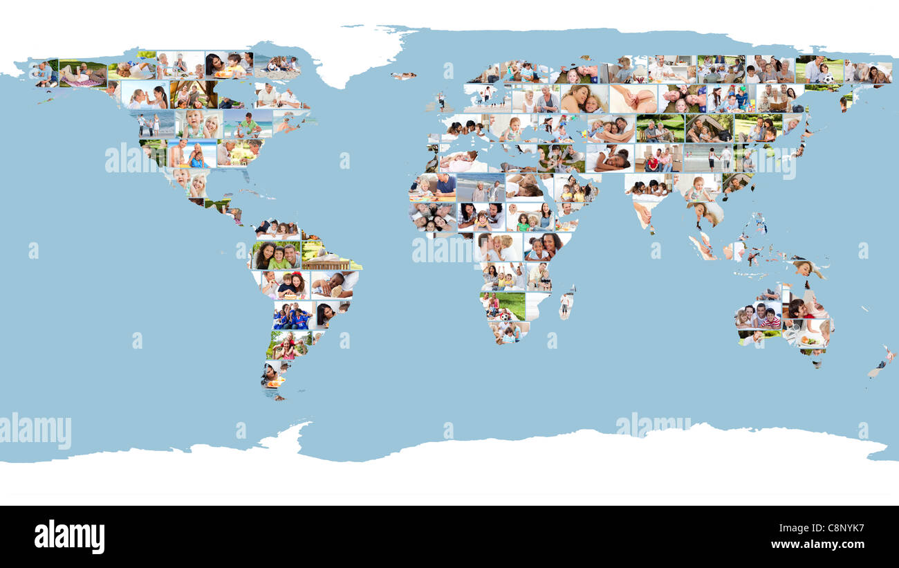 Illustrated world map made of pictures Stock Photo