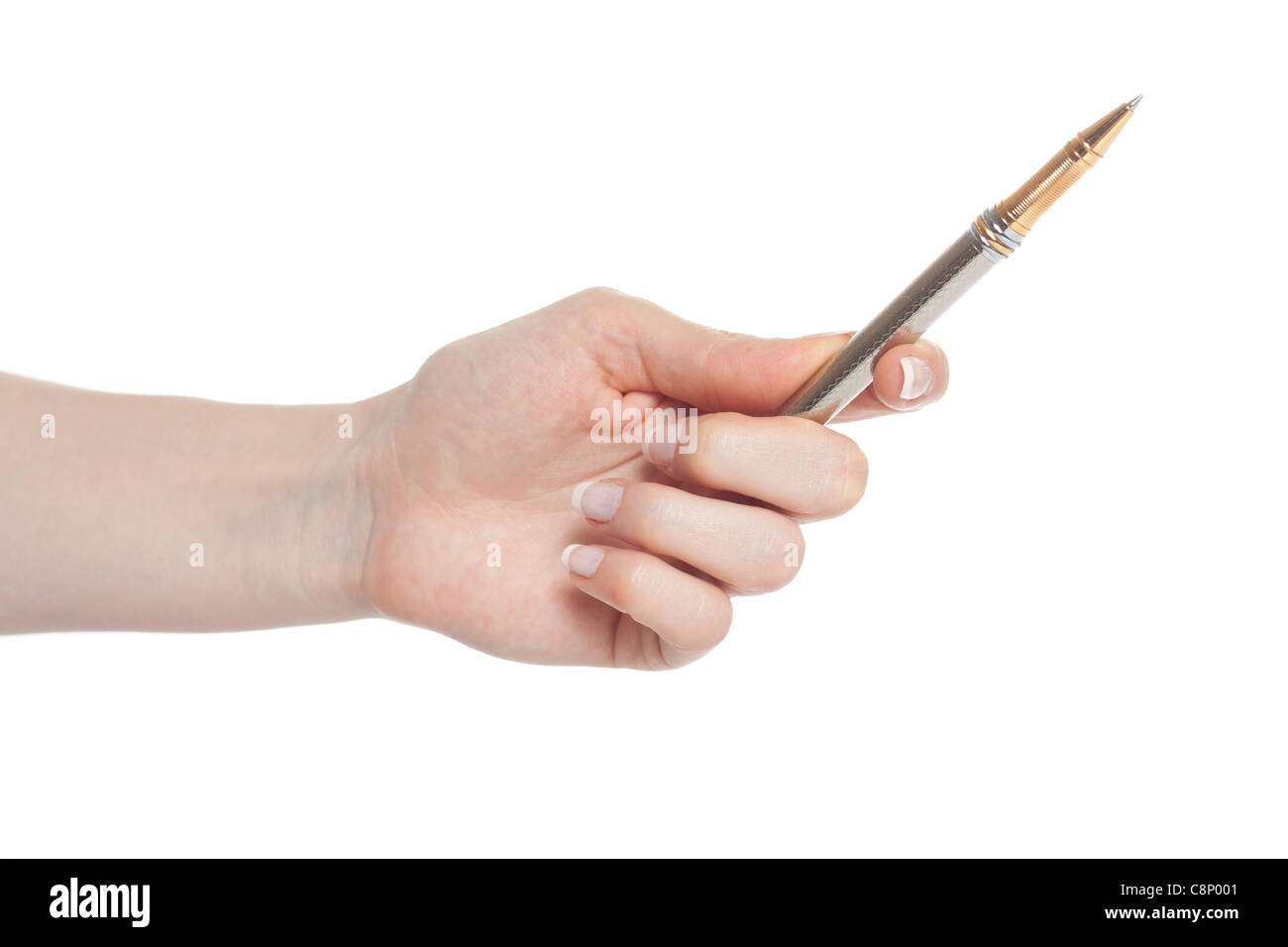 Woman hand holding pen isolated on white background Stock Photo - Alamy