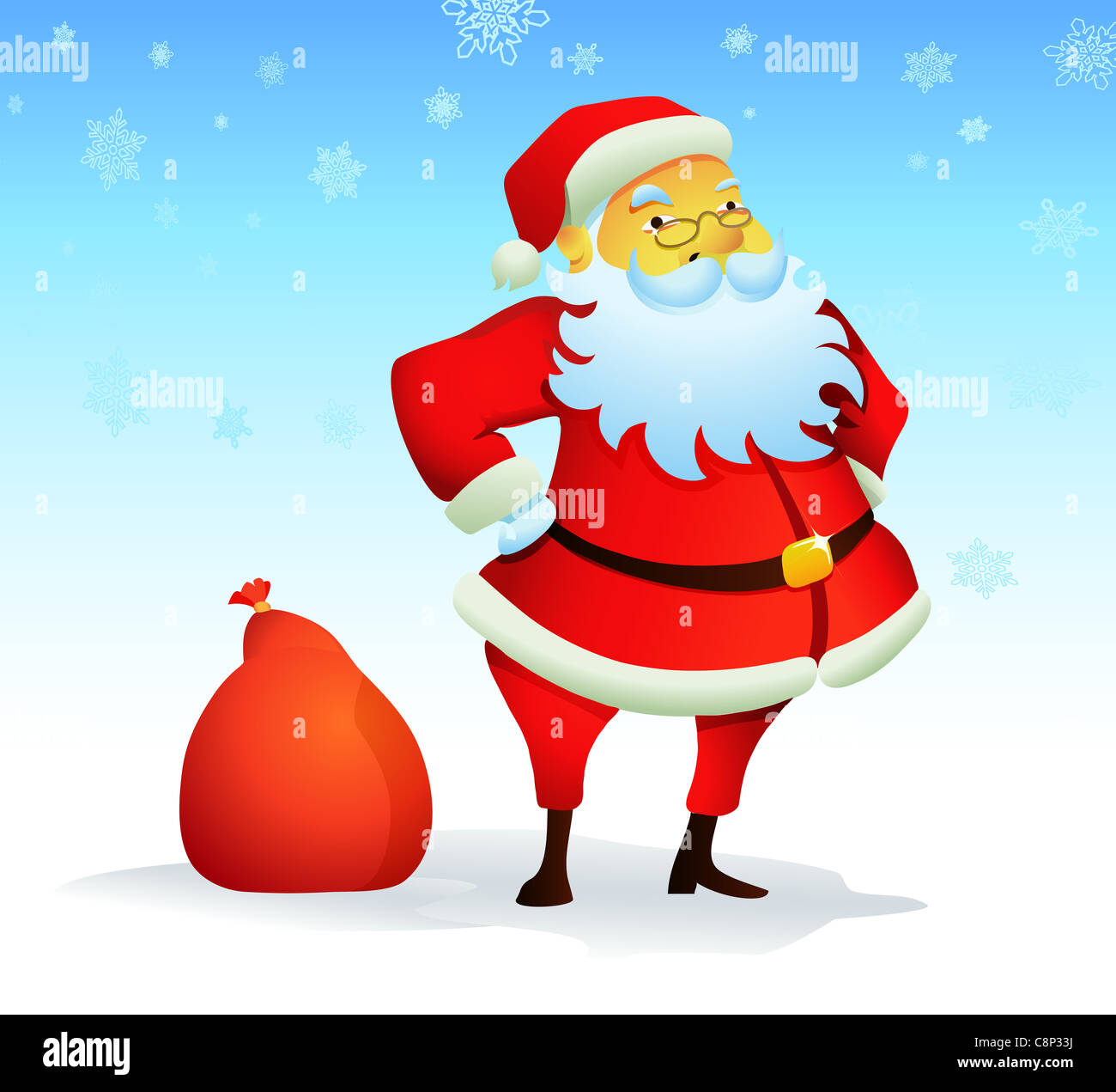 illustration of Christmas background with Santa Claus and red gift bag ...