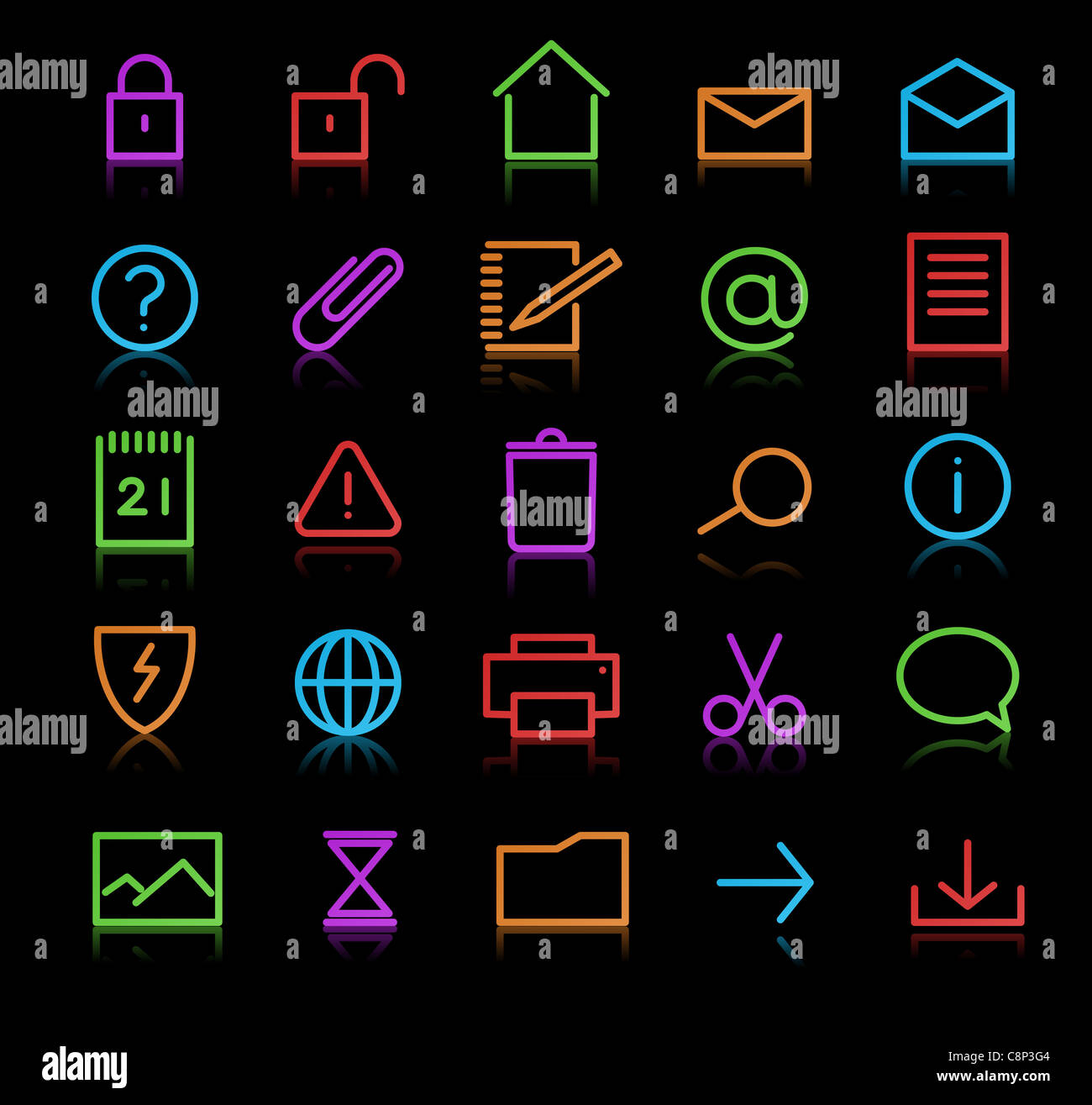 set of elegant neon simple icons for common computer functions Stock ...