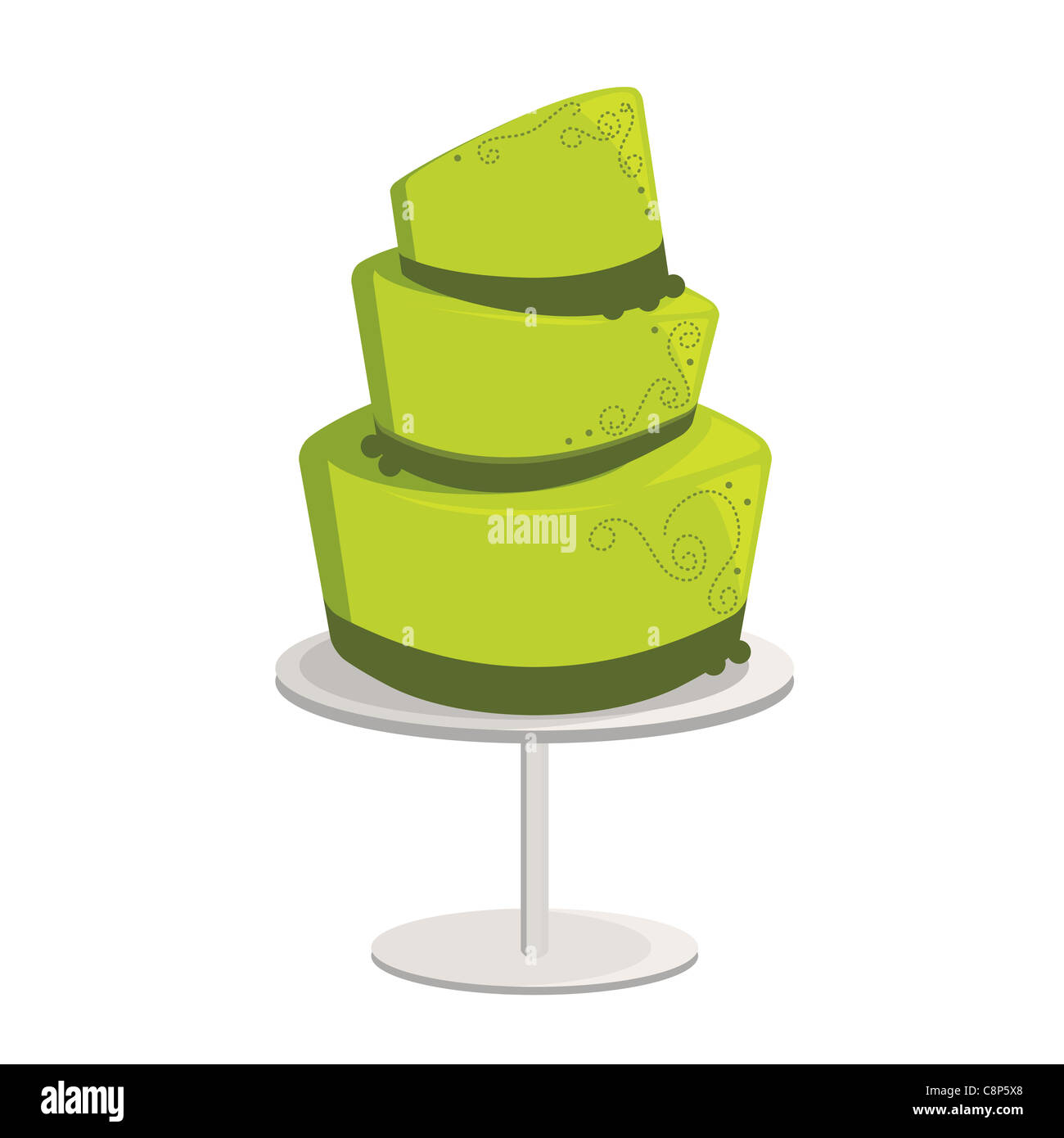 Green topsy turvy cake with darker green decorations on a cake stand Stock Photo