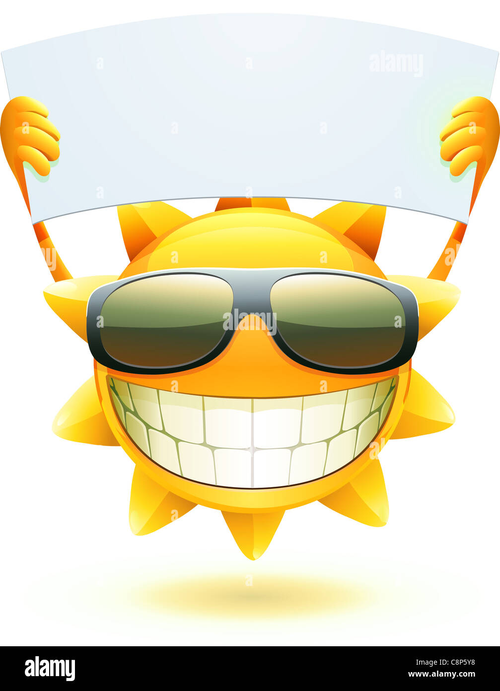 illustration of cool cartoon happy summer sun in sunglasses with blank banner Stock Photo