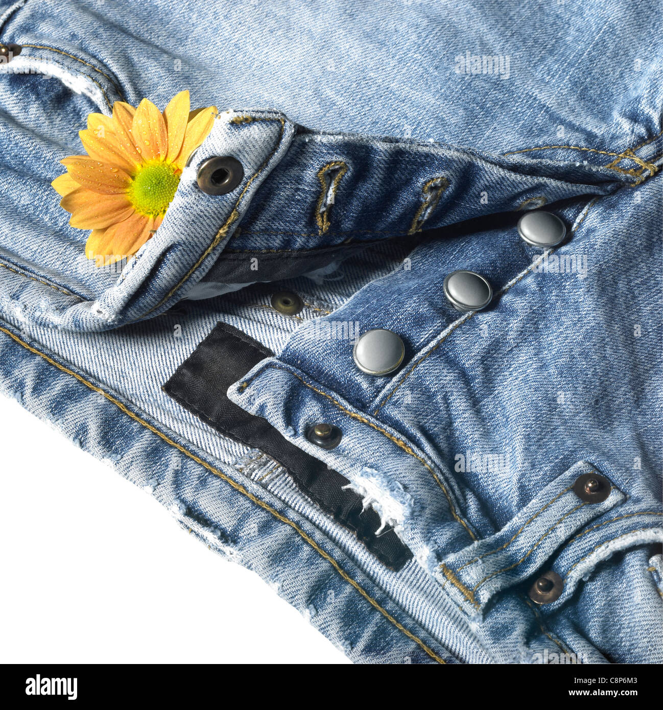 studio shot of a pair of blue jeans and flower in white back, with clipping path Stock Photo