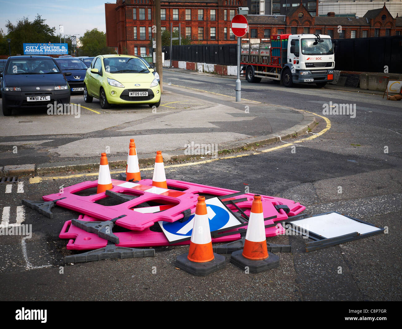 Useless protection of roadworks in Manchester UK Stock Photo