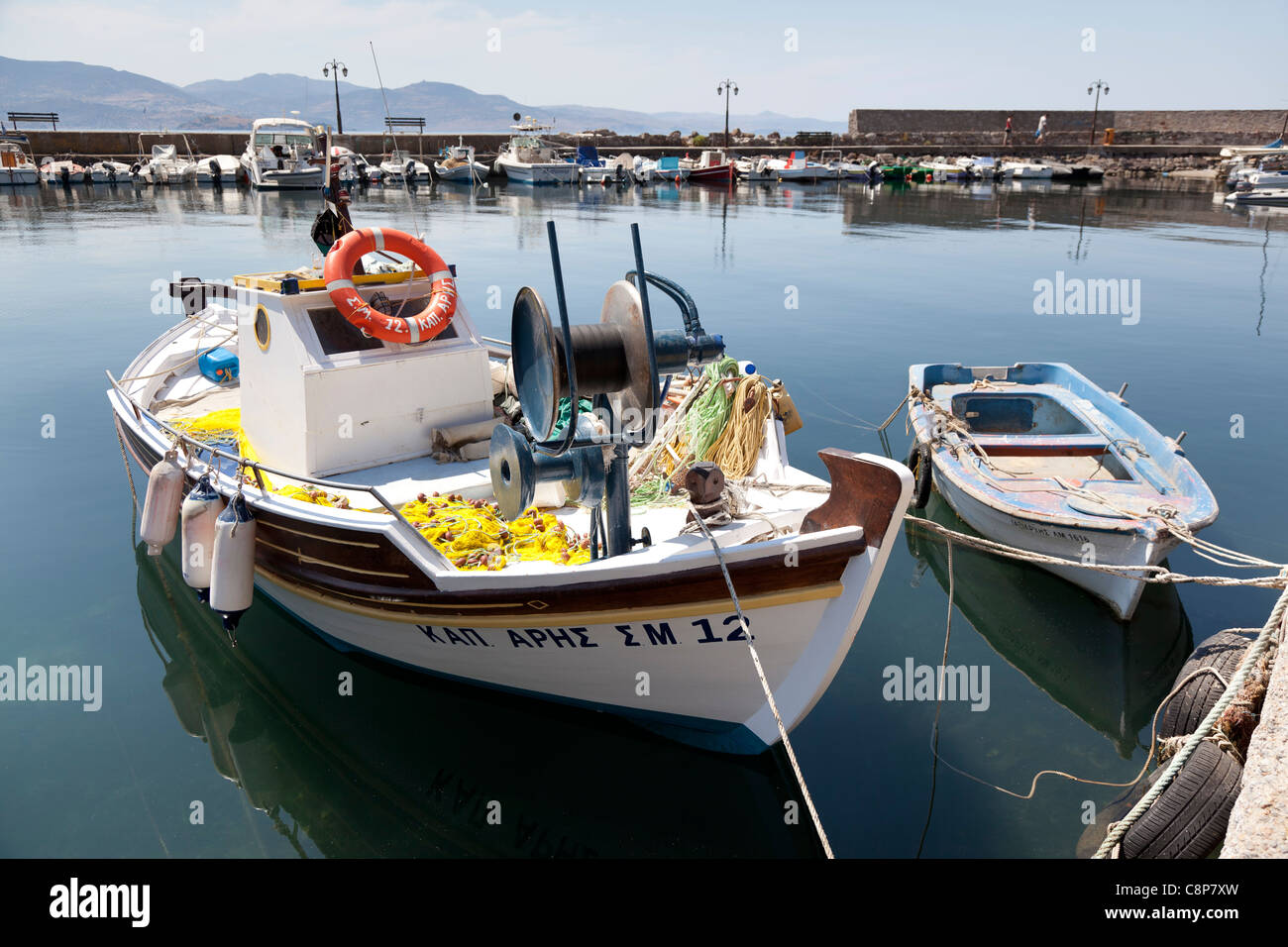 Fisher boat at the harbour of Mithymna, Lesbos , Greece Stock Photo