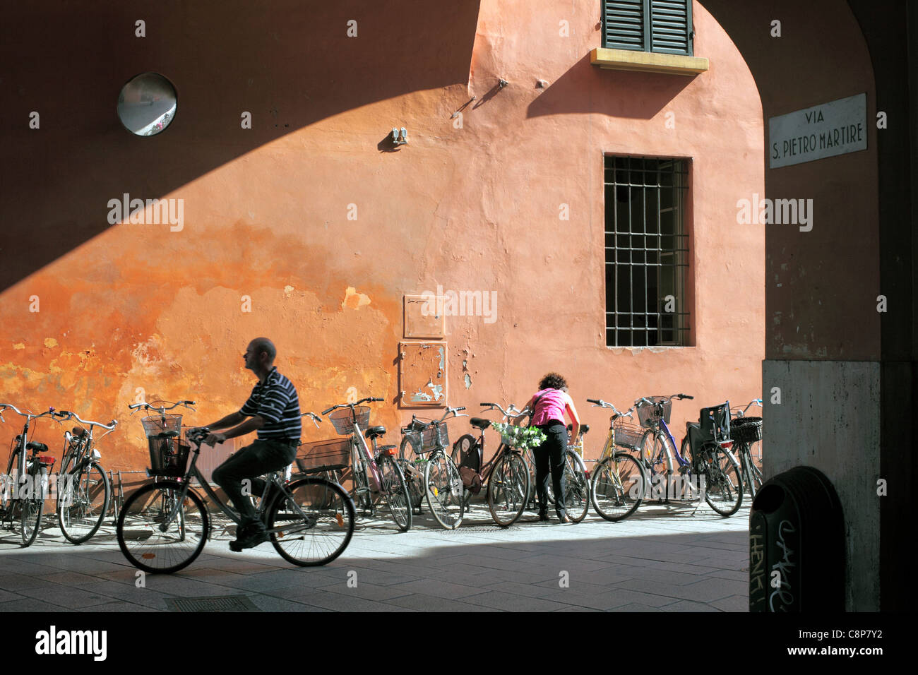 Bicycles on the Via Farini in the centre of Reggio Emilia, Italy. Stock Photo