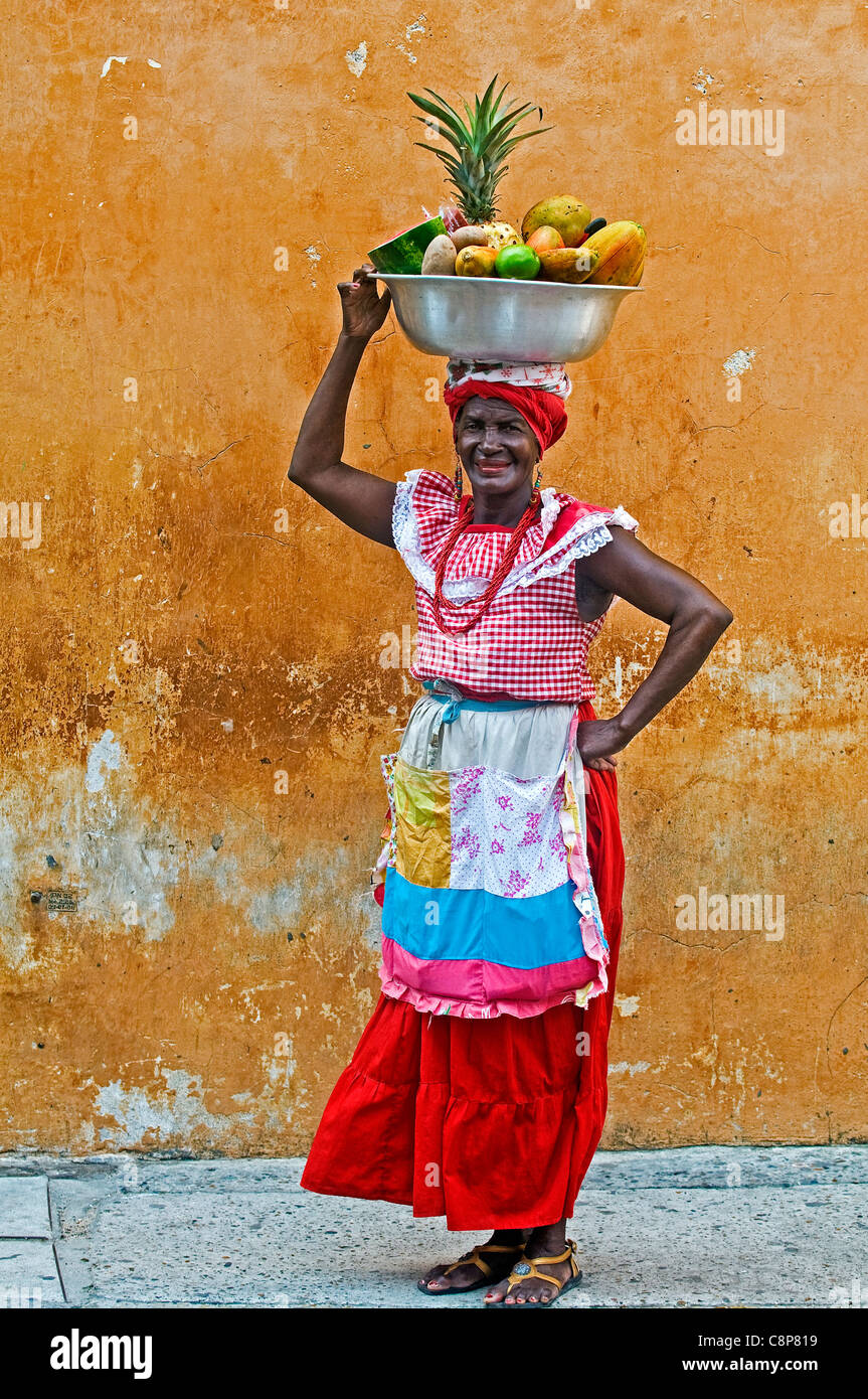 Palenquera woman sell fruits in Cartagena de Indias Colombia Stock Photo