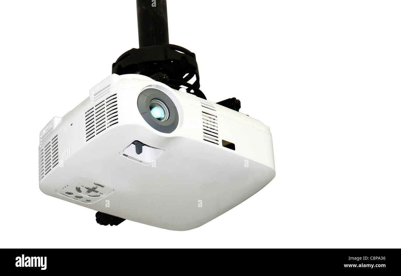 Close-up of a multi-media projector attached to the ceiling isolated on white background with copy space Stock Photo