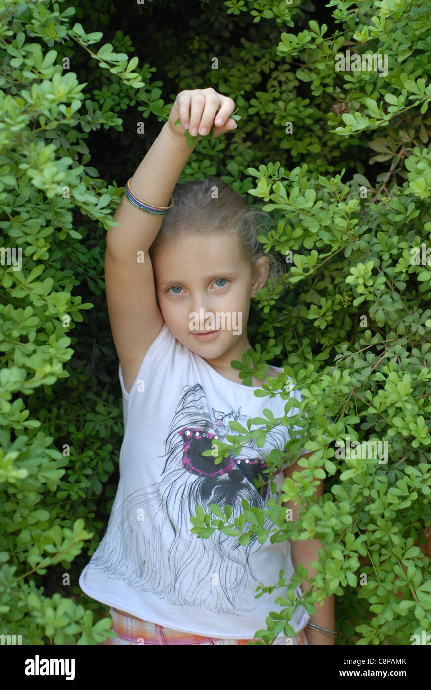 portrait of girl with a leaf in your hand Stock Photo