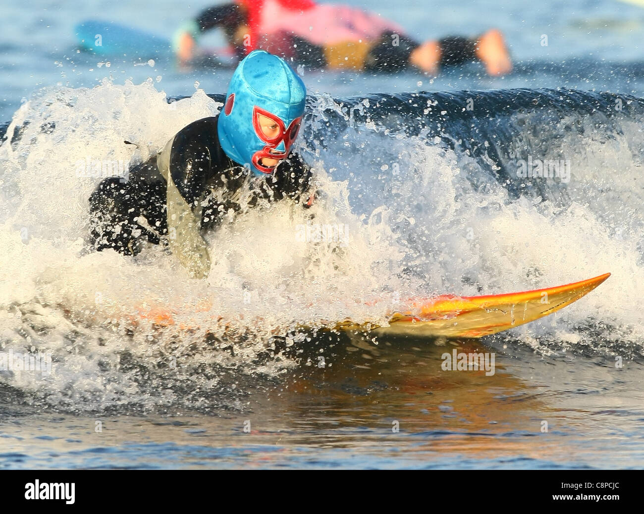BOY SURFER IN LUCHA LIBRE MASK BLACKIE'S HALLOWEEN COSTUME SURF CONTEST