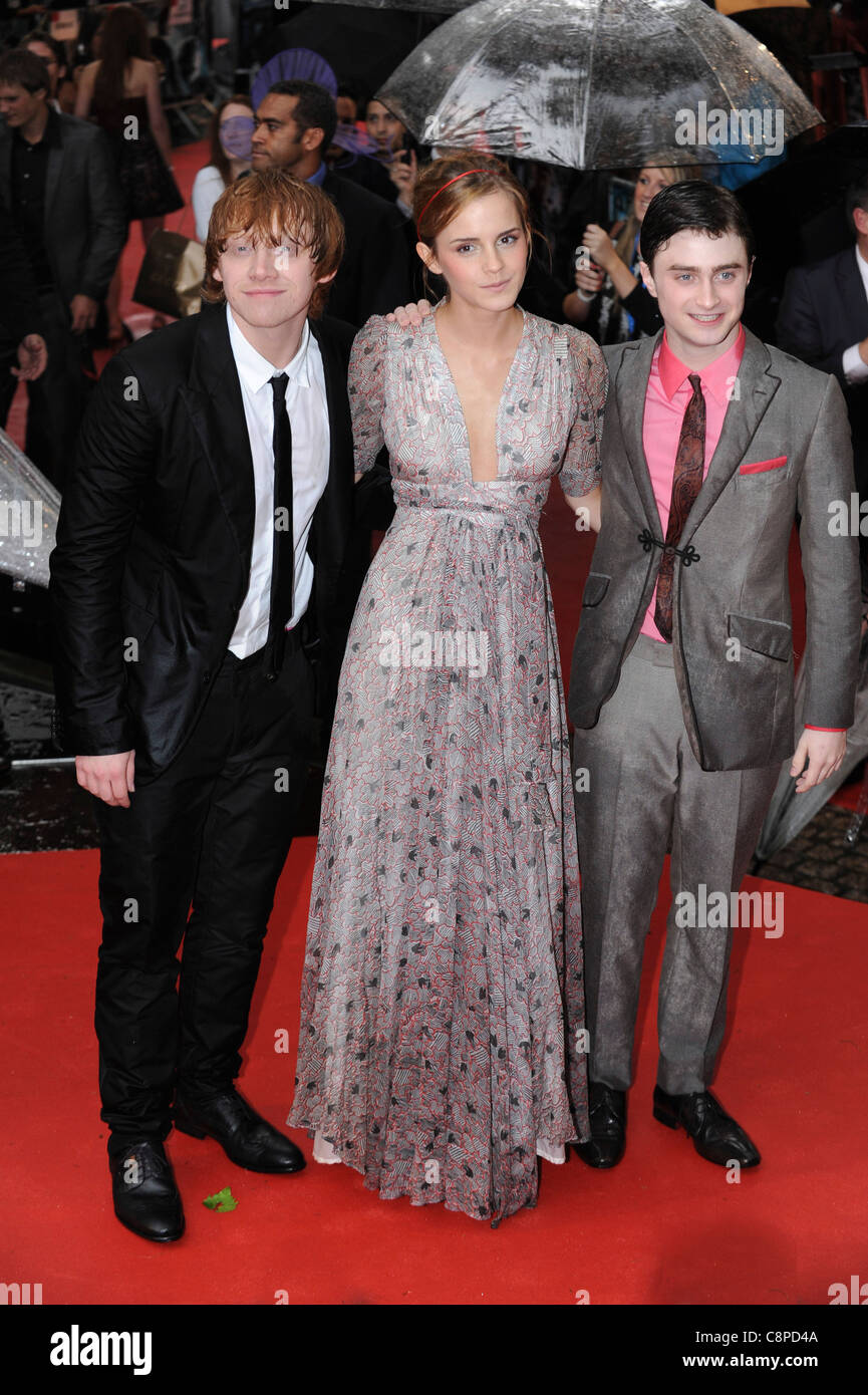 Rupert Grint, Daniel Radcliffe and Emma Watson attend the World Premiere of 'Harry Potter and the Half-Blood Prince' at Leiceste Stock Photo