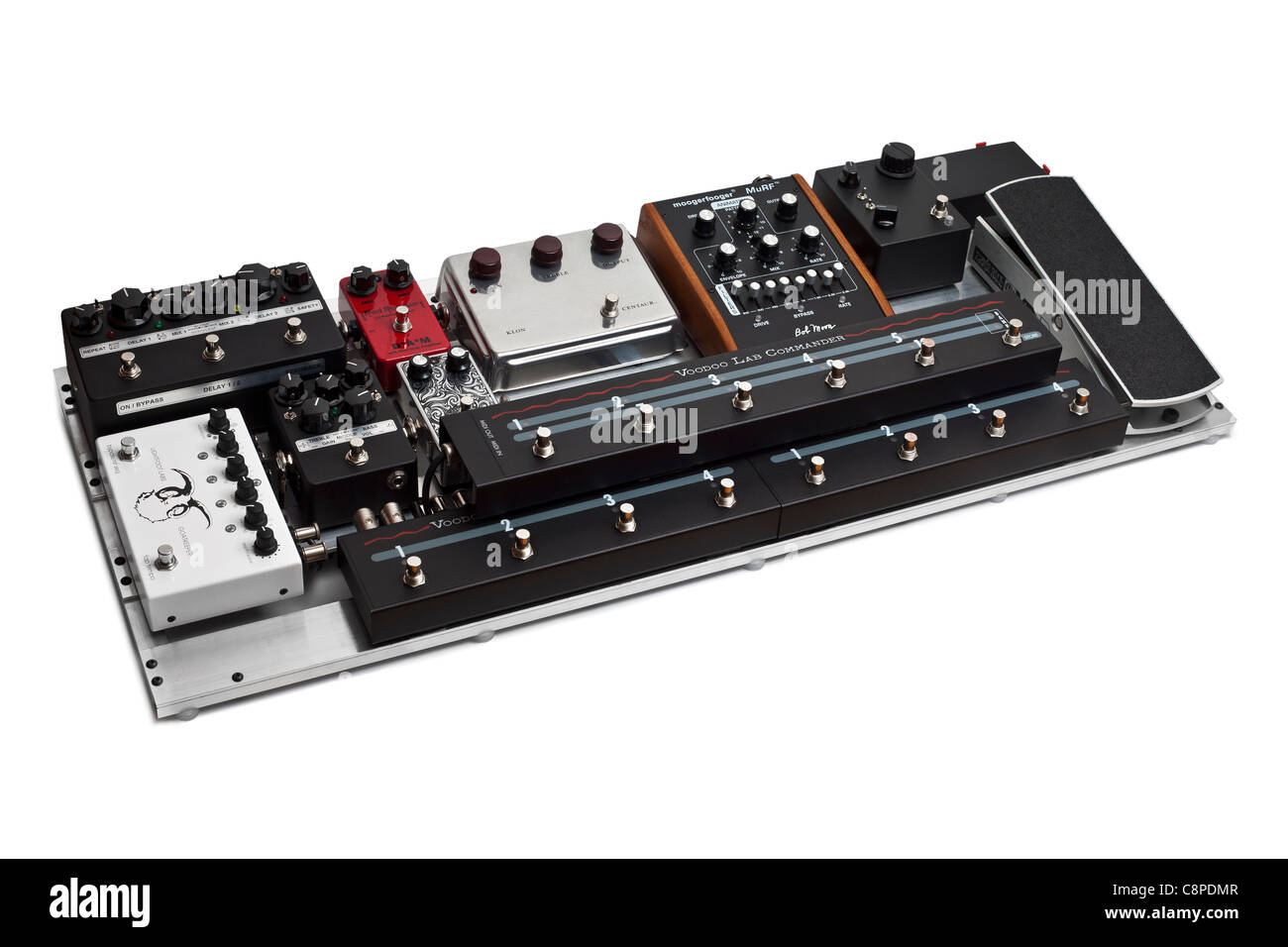 A Pedal Board photographed in the studio on a white background. Stock Photo