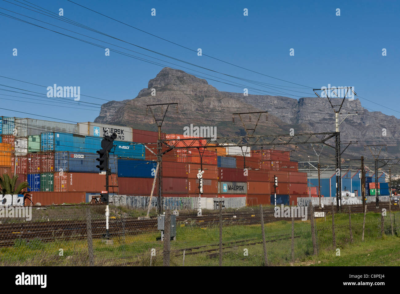 Containers and railway track Table Mountain in the background Cape Town South Africa Stock Photo