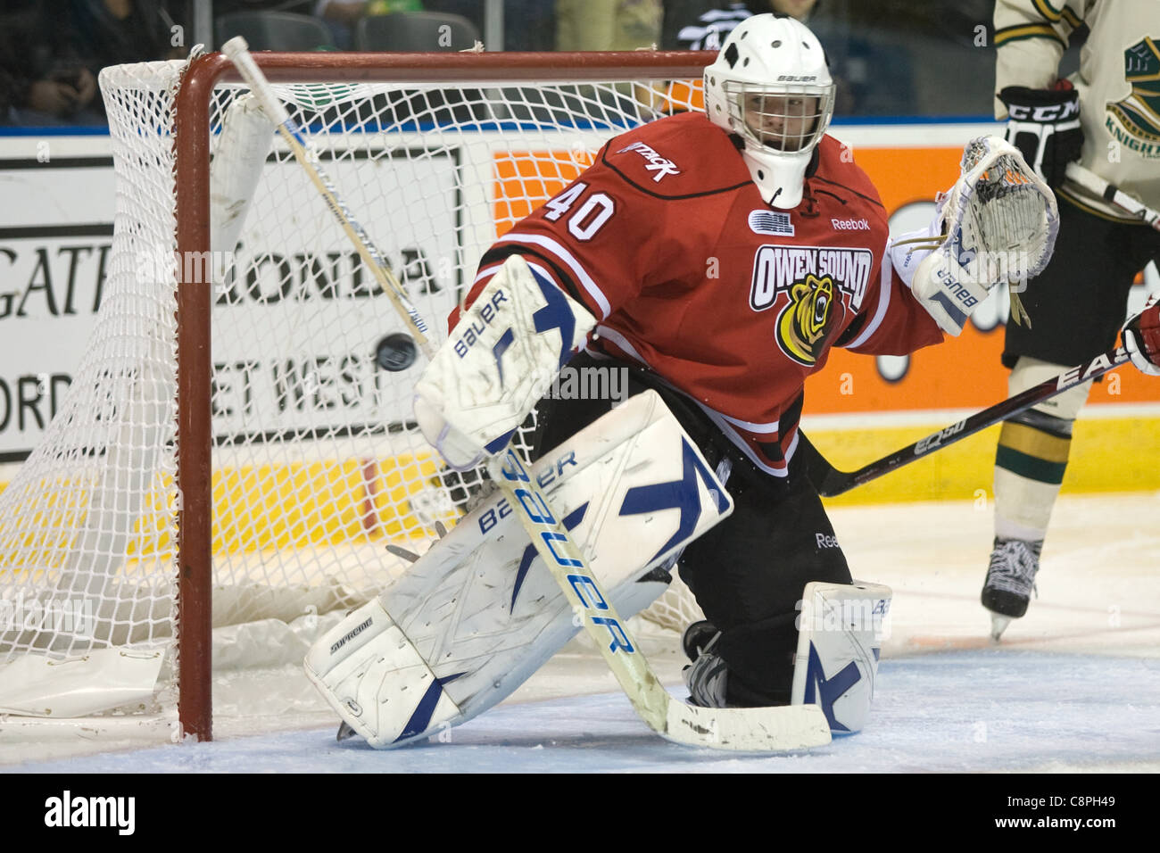 London Ontario, Canada October 28, 2011. Scott Stajcer (40) of the Owen Sound Attack makes a
