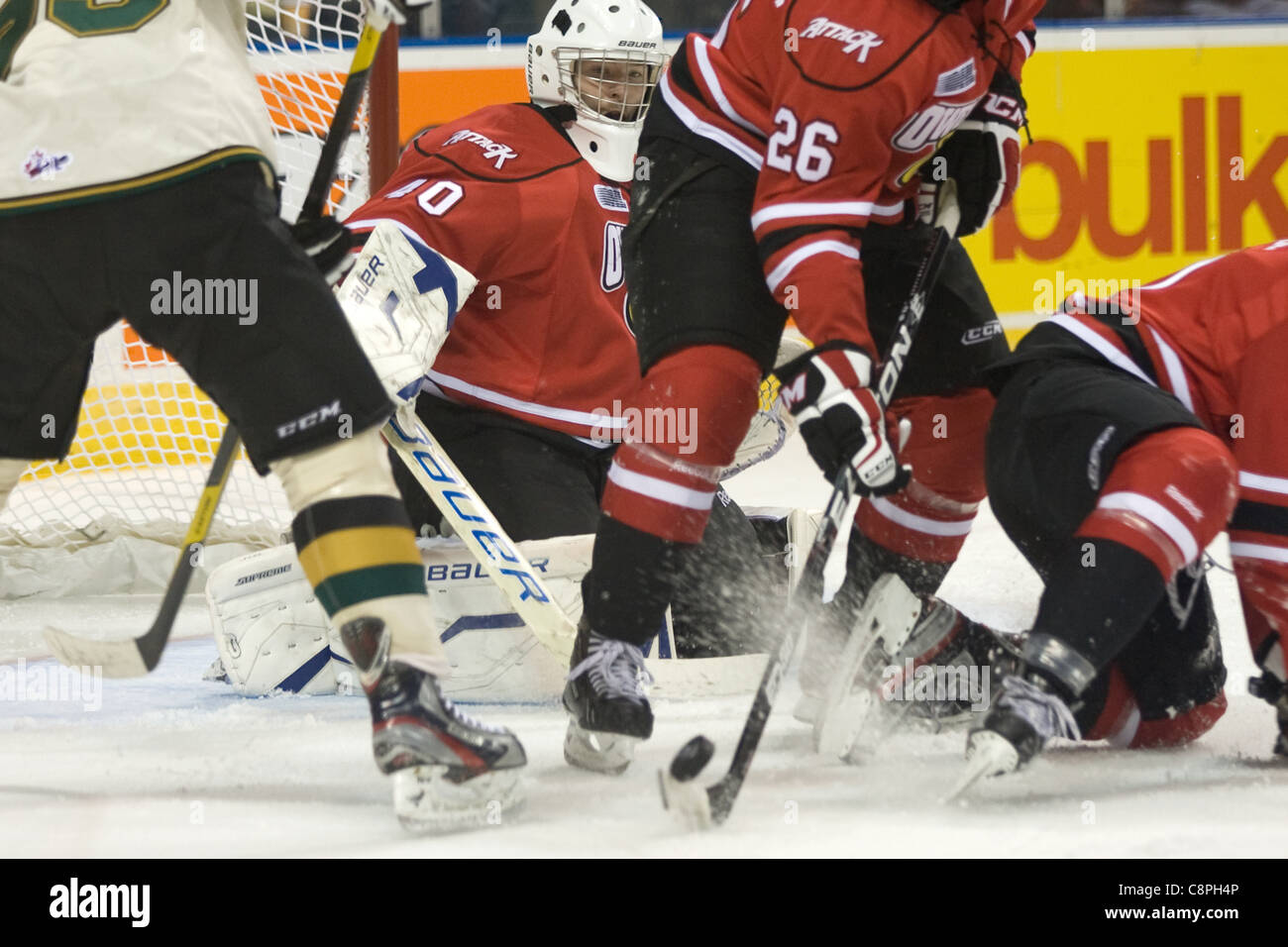 London Ontario, Canada - October 28, 2011. Owen Sound goalie Scott Stajcer (40) keeps an eye on a bouncing puck during a game against the London Knights. London won the game 3-2 in overtime. Stock Photo