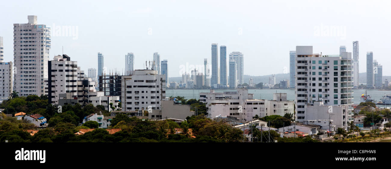 A panoramic view of apartment towers forming a white skyline in Cartagena de Indias, Colombia. Stock Photo