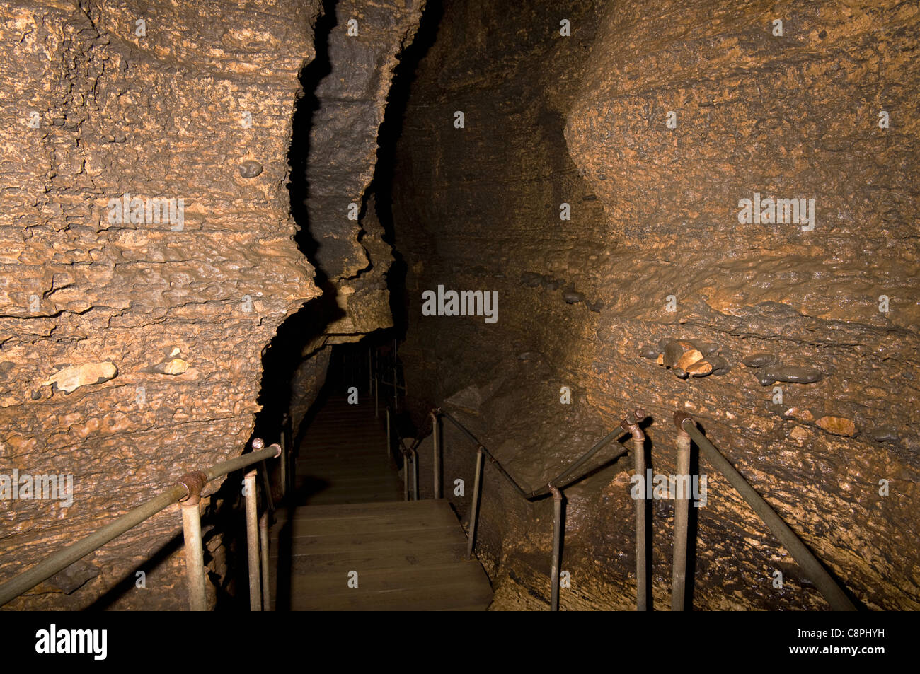 Inside Niagara Cave in Harmony Minnesota at top of stairway Stock Photo