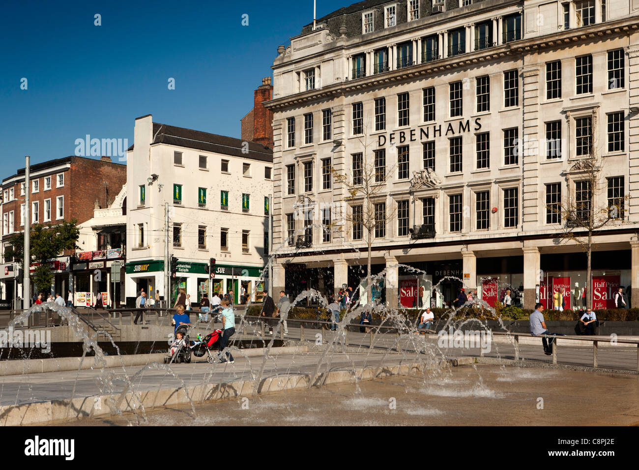 UK, Nottinghamshire, Nottingham, Old Market Square, fountains outside Debenhams shop Stock Photo