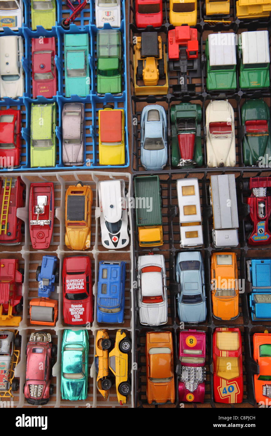 collection of colorful die cast metal toy cars, studio photograph Stock Photo