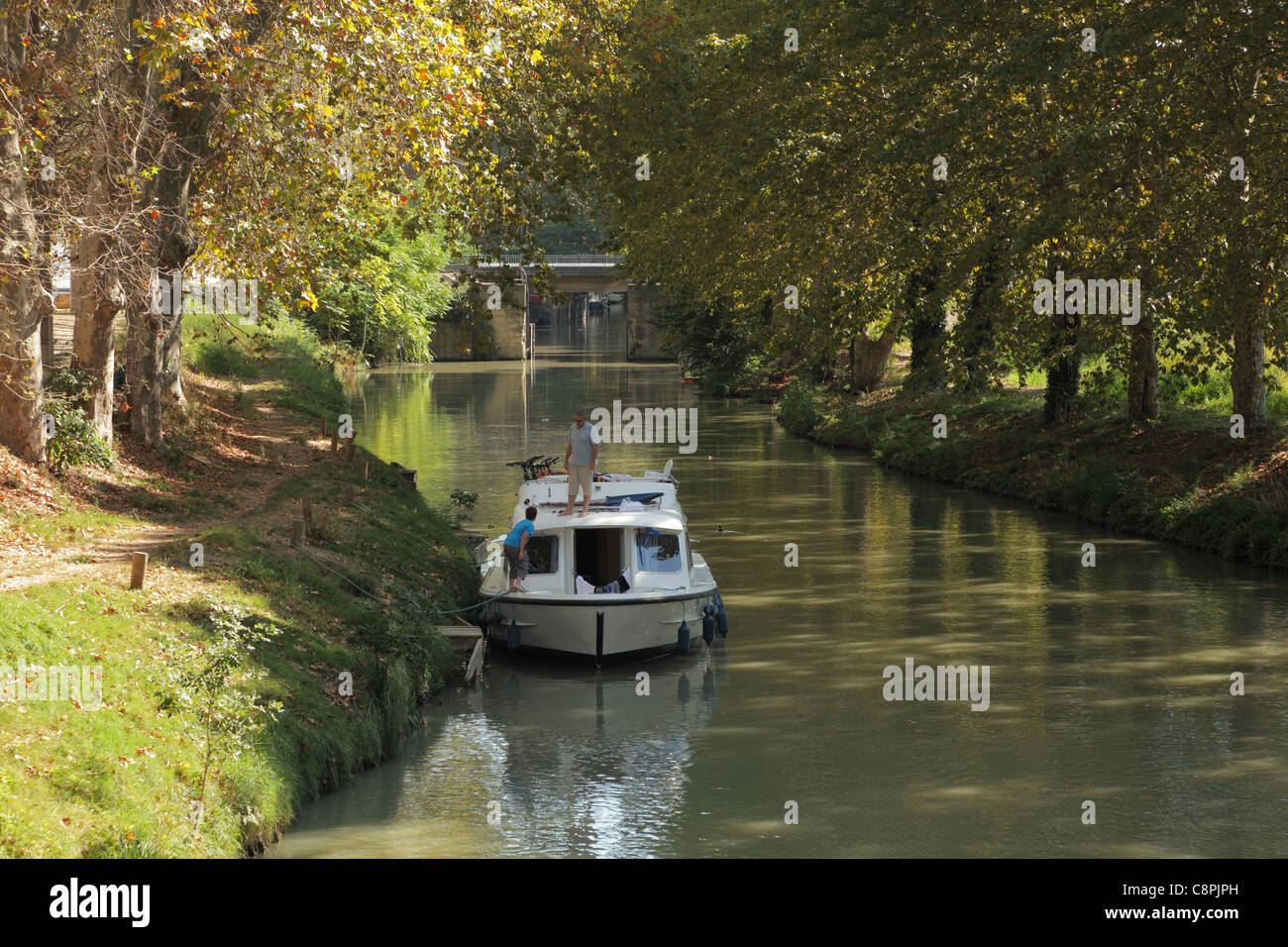 Boat on Canal du Midi near Beziers, southern France Stock Photo
