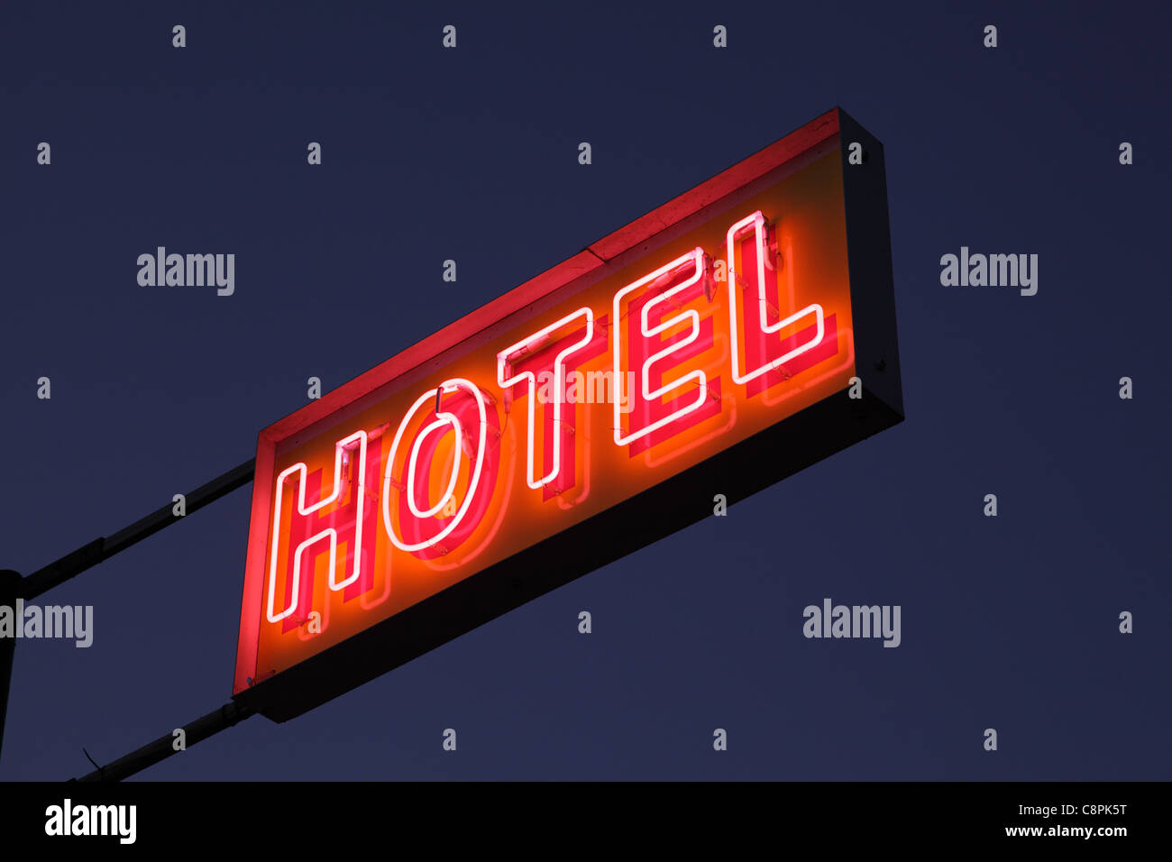 Hotel sign illuminated at night Stock Photo