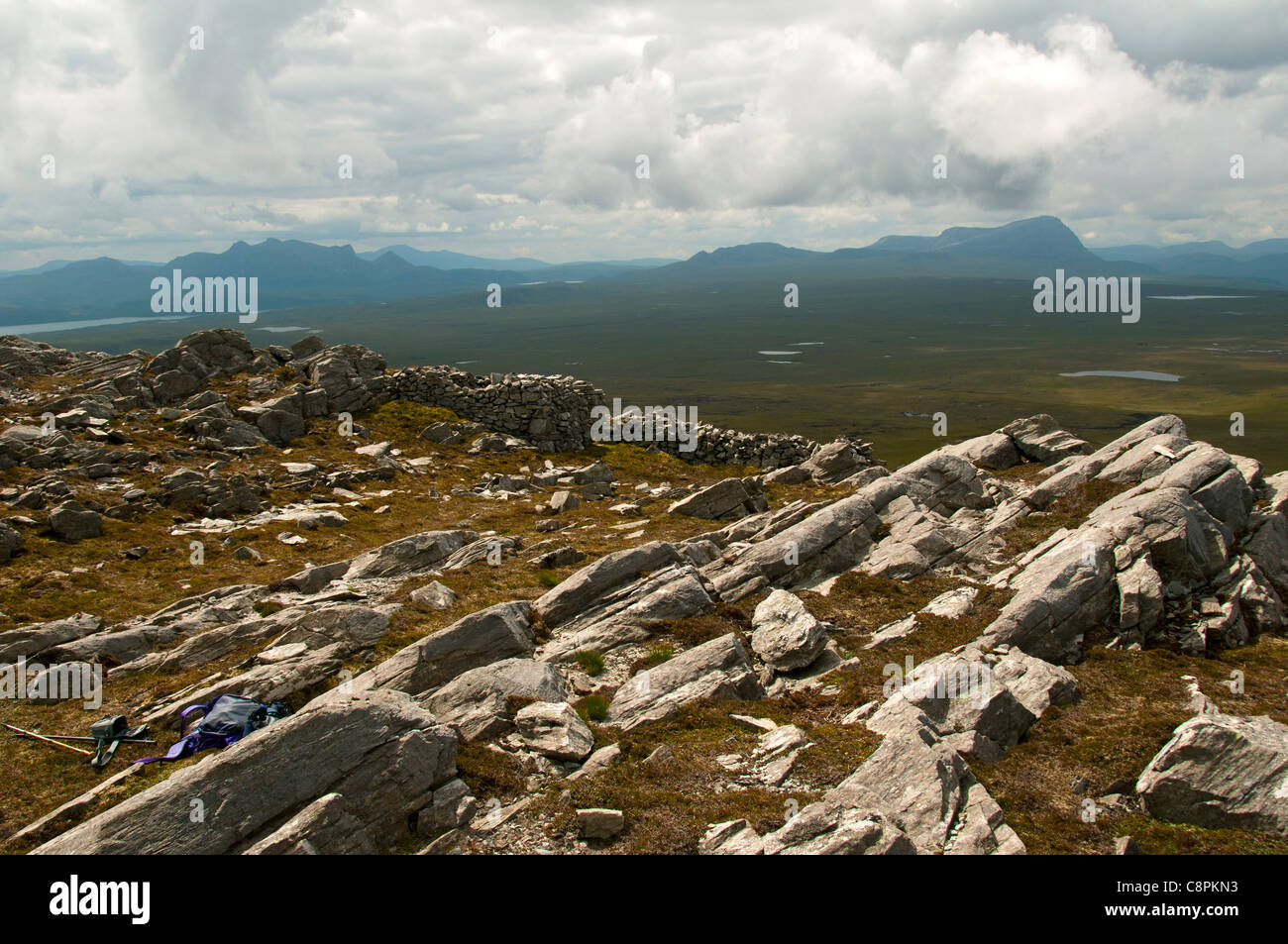 Ben Loyal and Ben Hope over the A' Mhoine wilderness, from the summit of Ben Hutig, Sutherland, Scotland, UK Stock Photo