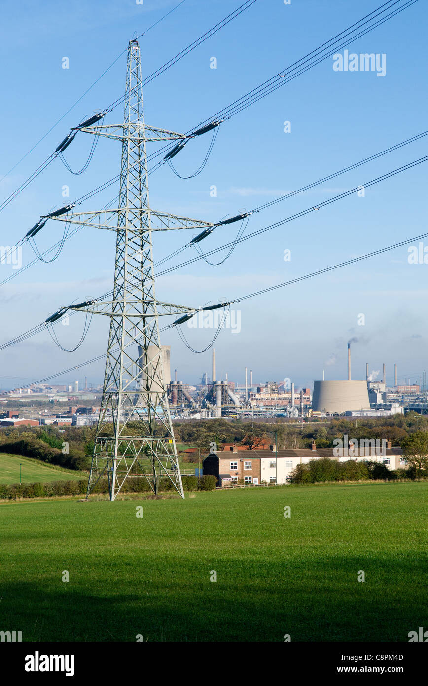 Wilton site chemical plant and Teesside Gas turbine power station and electrical power distribution pylons Stock Photo