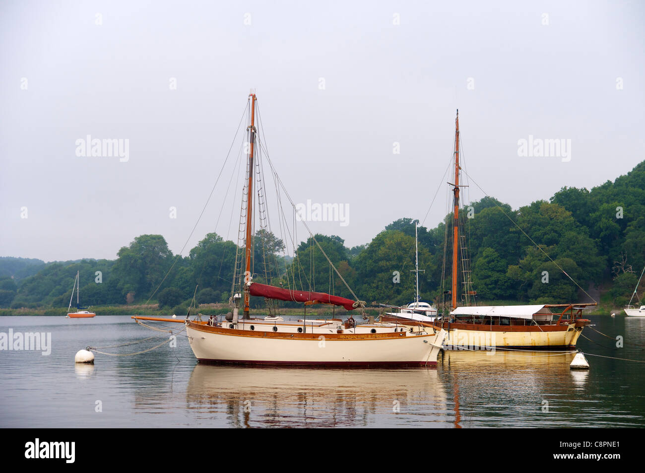 Sail boats on the Vilaine river in the harbor of La Roche Bernard (Breton: Ar Roc'h-Bernez). Stock Photo