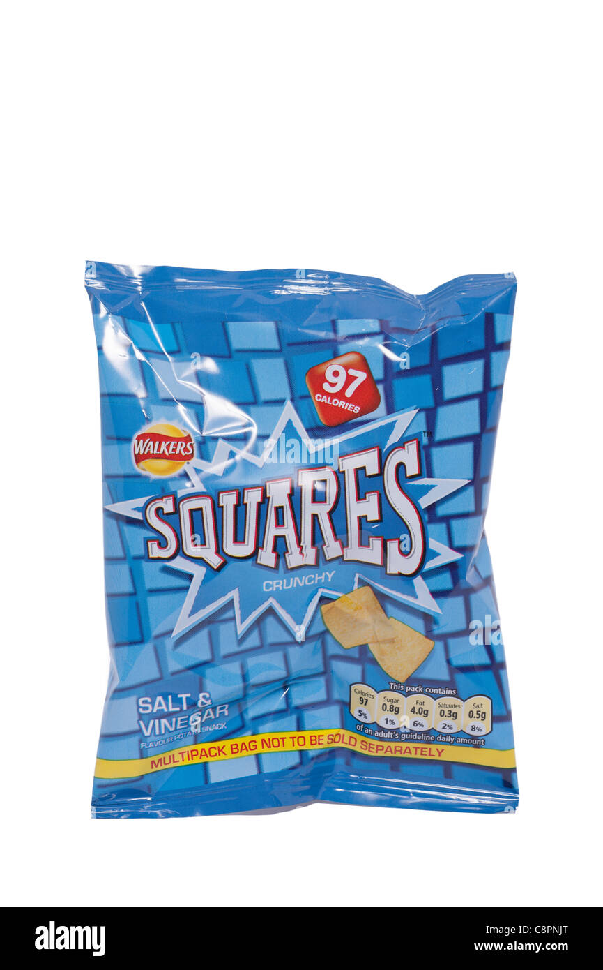 A packet of Walkers salt and vinegar flavour squares potato crisps with 97 calories on a white background Stock Photo