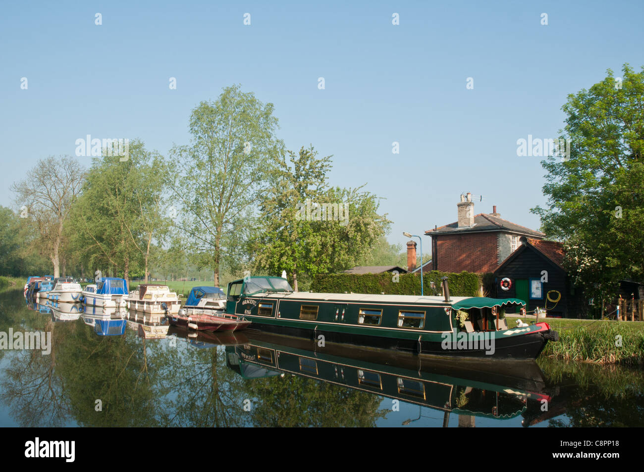Boats near Hoe Mill Lock on the River Chelmer and Blackwater Navigation. Stock Photo
