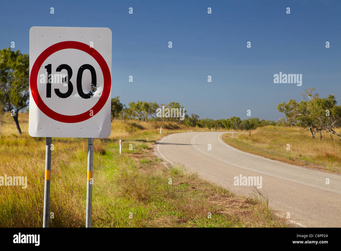 130km speed sign, Victoria Highway, Northern Territory, Australia Stock Photo