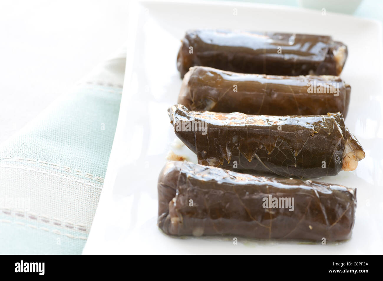 Appetizers: fresh grape leaves stuffed with rice. Stock Photo